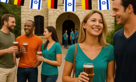 אנשים שותים בירה על רקע דגלי ישראל וגרמניה