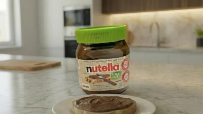 נוטלה צמחית ללא חלב ופרוסת לחם עם נוטלה על השיש במטבח