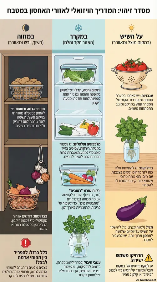 שיש, מזווה או מקרר - אחסון ירקות במטבח - אינפוגרפיקה
