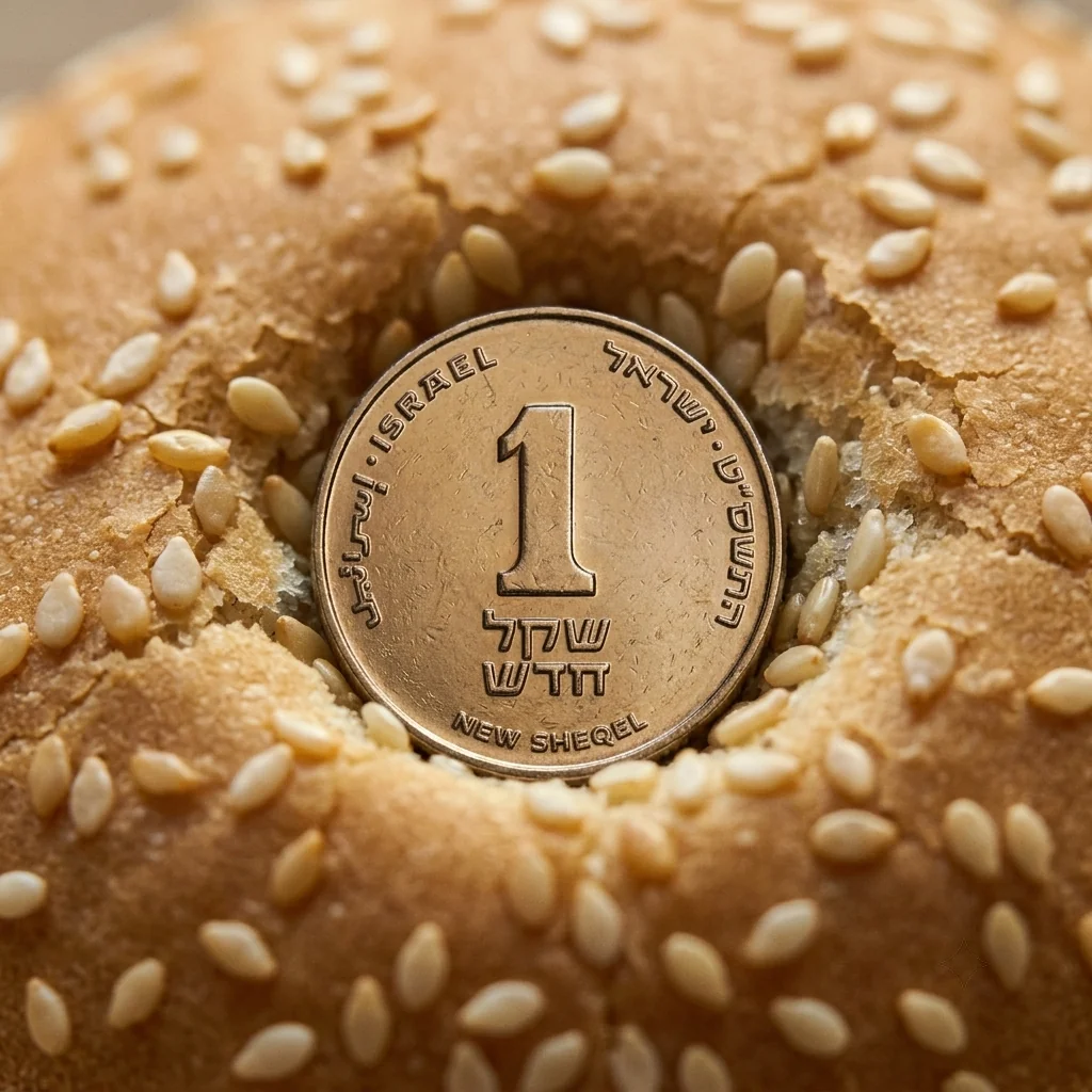מטבע שקל אחד על לחמניית שומשום זהובה, מוצג על רקע מטושטש.