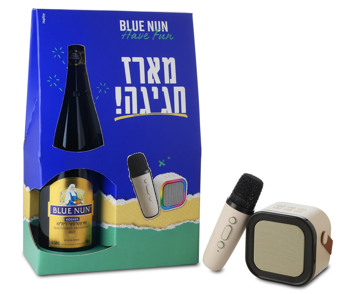 בקבוק יין כחול של בלו נאן עם מיקרופון קטן ורמקול עם אורות צבעוניים