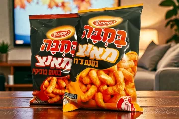 שקיות של חטיף במבה מאנצ' בטעמי צ'דר וברביקיו על שולחן בסלון